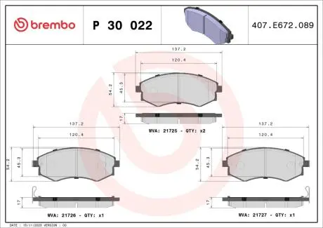Тормозные колодки, дисковый тормоз.) BREMBO P30022