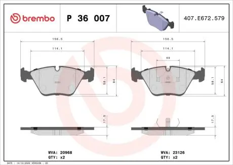 Гальмівні колодки, дискове гальмо (набір) BREMBO P36007