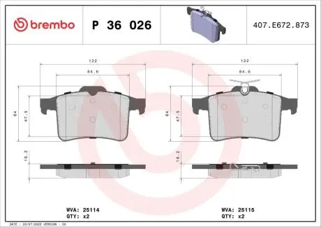 Колодки гальмівні дискові, к-кт. BREMBO P36026