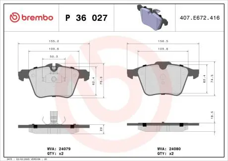 Тормозные колодки дисковые BREMBO P36 027