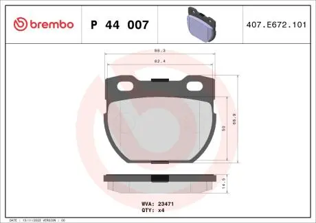 Гальмівні колодки, дискове гальмо (набір) BREMBO P44007