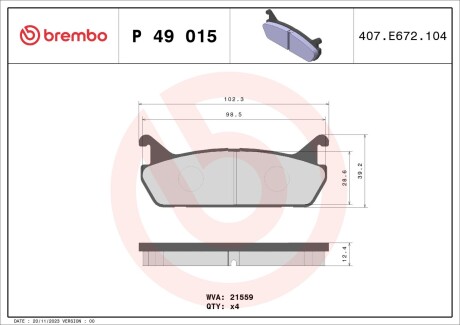 Гальмівні колодки, дискове гальмо (набір) BREMBO P49015