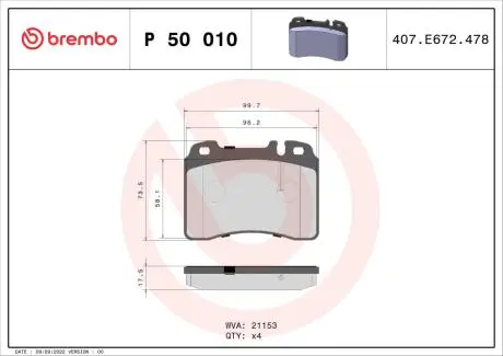 Гальмівні колодки, дискове гальмо (набір) BREMBO P50010