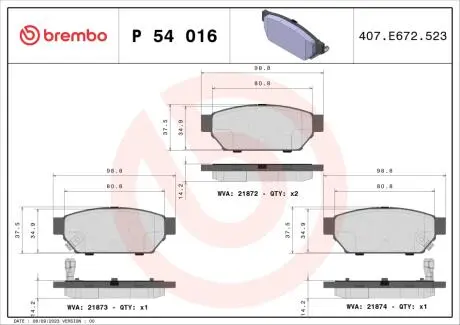 Гальмівні колодки, дискове гальмо (набір) BREMBO P54016