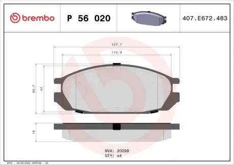 Гальмівні колодки, дискове гальмо (набір) BREMBO P56020