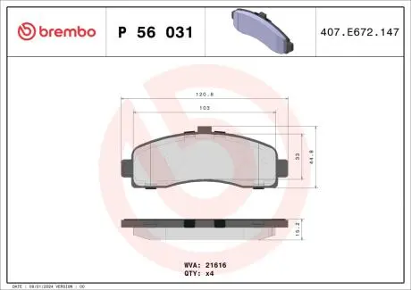 Гальмівні колодки, дискове гальмо (набір) BREMBO P56031