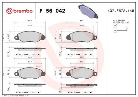 Тормозные колодки, дисковый тормоз.) BREMBO P56042