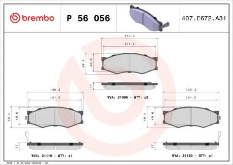 Гальмівні колодки, дискове гальмо (набір) BREMBO P56056