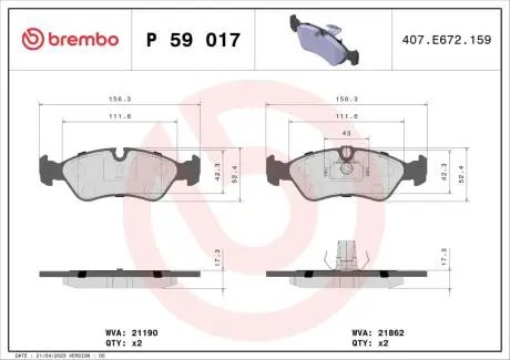 Тормозные колодки дисковые BREMBO P59 017
