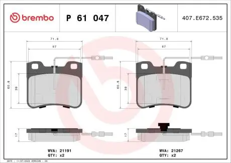 Гальмівні колодки, дискове гальмо (набір) BREMBO P61047