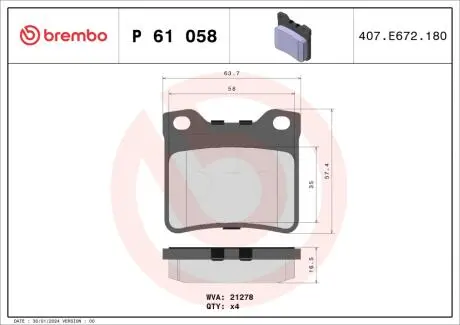 Гальмівні колодки, дискове гальмо (набір) BREMBO P61058