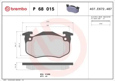 Гальмівні колодки, дискове гальмо (набір) BREMBO P68015