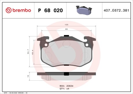 Тормозные колодки, дисковый тормоз.) BREMBO P68020