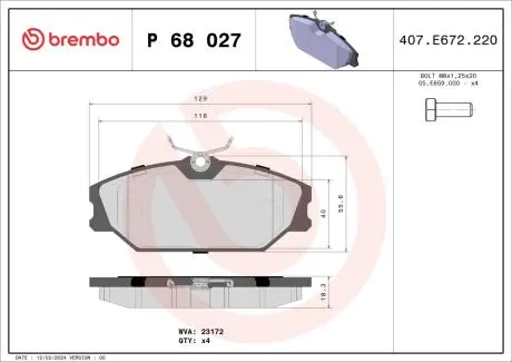 Гальмівні колодки, дискове гальмо (набір) BREMBO P68027