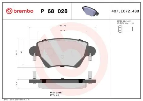 Гальмівні колодки, дискове гальмо (набір) BREMBO P68028