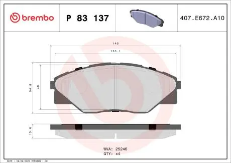 Колодки тормозные дисковые, к-кт. BREMBO P83137