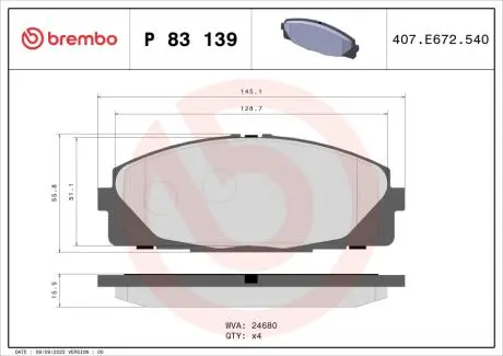 Комплект гальмівних колодок передн, TOYOTA HIACE / COMMUTER V, HIACE IV, HIACE V 2.5D/2.7/3.0D 06.04- BREMBO P83139