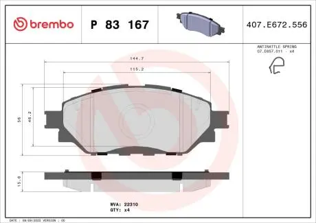 Колодки тормозные передние (Advics) TOYOTA FORTUNER (_N15_, _N16_) 05/15->/TOYOTA HILUX VIII Pick-up BREMBO P83167
