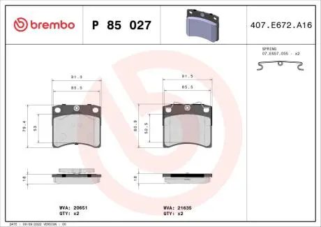 Гальмівні колодки, дискове гальмо (набір) BREMBO P85027