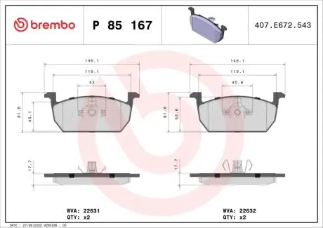 Гальмівні колодки дискові SEAT LEON 12- PRZÓD BREMBO P85167