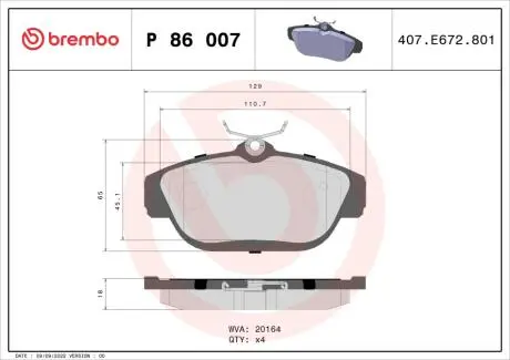Гальмівні колодки, дискове гальмо (набір) BREMBO P86007