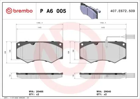 Гальмівні колодки, дискове гальмо (набір) BREMBO PA6005