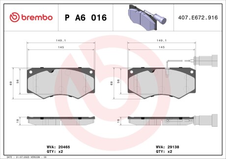 Гальмівні колодки, дискове гальмо (набір) BREMBO PA6016