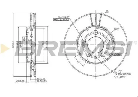 Тормозной диск перед. Golf 97-06/Bora 99-05/Octavia 97-10 (256x22) BREMSI CD6927V