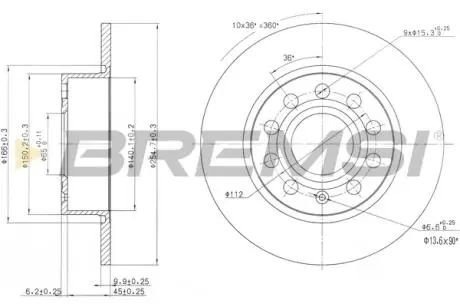 Тормозной диск зад. Caddy III/Octavia/Golf V/VI 04- (255x10) BREMSI CD7224S