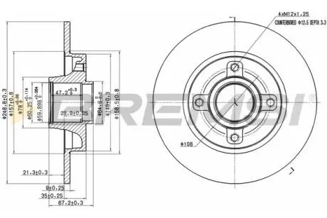 Тормозной диск зад. Citroen C4/Peugeot 207/307/308 00-(249x9) (без подшипника) BREMSI CD7523S
