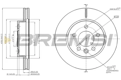 Гальмівний диск пер. Amarok (16-21) BREMSI CD8017V