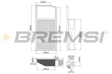 Фільтр повітряний Citroen Nemo/Peugeot Bipper 1.3HDi 10-/Opel Combo 1.3CDTi 12-/Fiat Doblo 1.3D 16- BREMSI FA0206