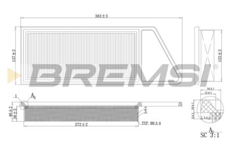 Фильтр воздушный (385x140x50) Ford Mazda PSA Toyota 1.4 HDi 02- BREMSI FA0211