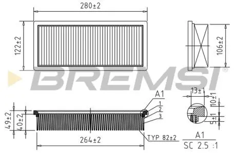 Фильтр воздушный (280x122x49.8) Fiat Panda Punto Lancia Ypsilon 1.1/1.2 99- BREMSI FA0219