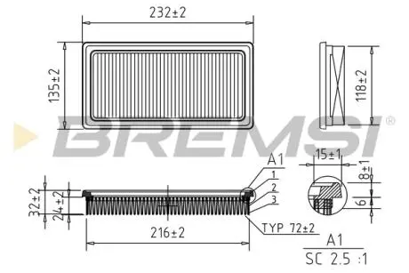 Фильтр воздушный (232x137x34) Nissan Note NV200 Qashqai Tiida 05- BREMSI FA0530