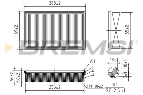 Фильтр воздушный Fiat Stilo 1.6-2.4 / 1.9 D/JTD 01-08 VW Jetta 1.4/2.0 19- (USA) BREMSI FA0569