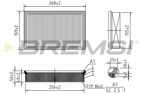 Фильтр воздушный Fiat Stilo 1.6-2.4 / 1.9 D/JTD 01-08 VW Jetta 1.4/2.0 19- (USA) BREMSI FA0569