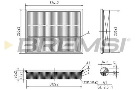 Фильтр воздушный (325x252x50) Fiat Croma Opel Signum Vectra C 1.6-3.2 02-08 BREMSI FA0579