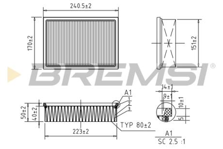 Фильтр воздушный (242x171x52.3) Chevrolet Aveo (T300) 1.2-1.6 11- BREMSI FA0599