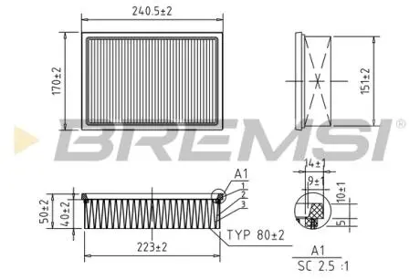 Фильтр воздушный (242x171x52.3) Chevrolet Aveo (T300) 1.2-1.6 11- BREMSI FA0599