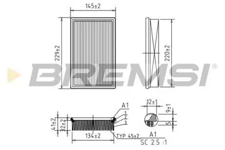 Фильтр воздушный (145x231x42.3) Suzuki Swift III (MZ) 1.3/1.5/1.6 05- BREMSI FA0600
