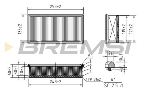 Фильтр воздушный (253x135x58) Citroen Fiat Mini Peugeot 1.6 HDi 04- BREMSI FA0652