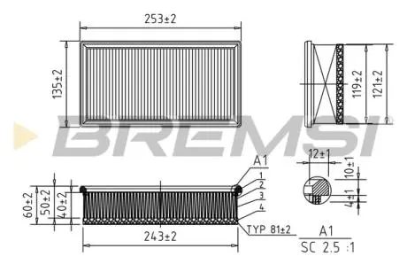 Фильтр воздушный (253x135x58) Citroen Fiat Mini Peugeot 1.6 HDi 04- BREMSI FA0652
