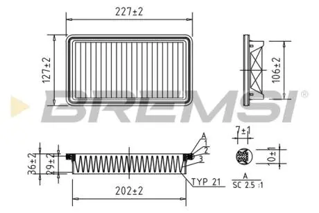 Фильтр воздушный (226x127x34) Fiat Sedici Suzuki SX4 1.6 06- BREMSI FA1025