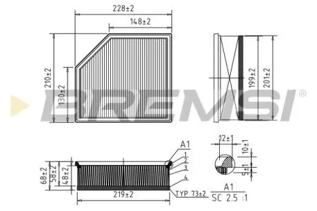 Фильтр воздушный (225x211x72.3) Volvo S60 V70 XC70 XC90 01-14 BREMSI FA1035