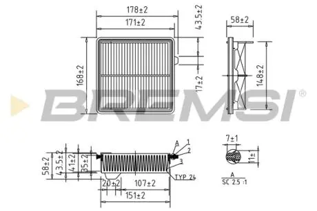 Фильтр воздушный (168x180x59) Honda Fit III Jazz 1.2-1.5 07- BREMSI FA1041