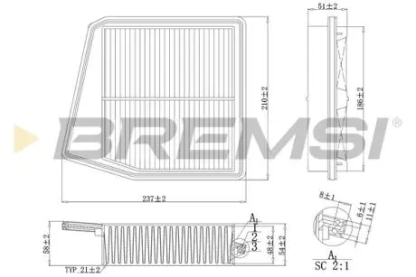 Фильтр воздушный (237x213x51) Honda Accord VIII (CU/CW) Accord IX (CR) 2.4 08- BREMSI FA1047