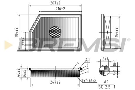 Фильтр воздушный (268x185x44) Jeep Cherokee 2.0 CRD 13- BREMSI FA1086