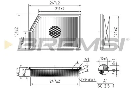 Фильтр воздушный (268x185x44) Jeep Cherokee 2.0 CRD 13- BREMSI FA1086