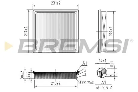 Фильтр воздушный (231x216x31) Subaru Forester Impreza Legacy Outback 2.0-2.5 18- BREMSI FA1126